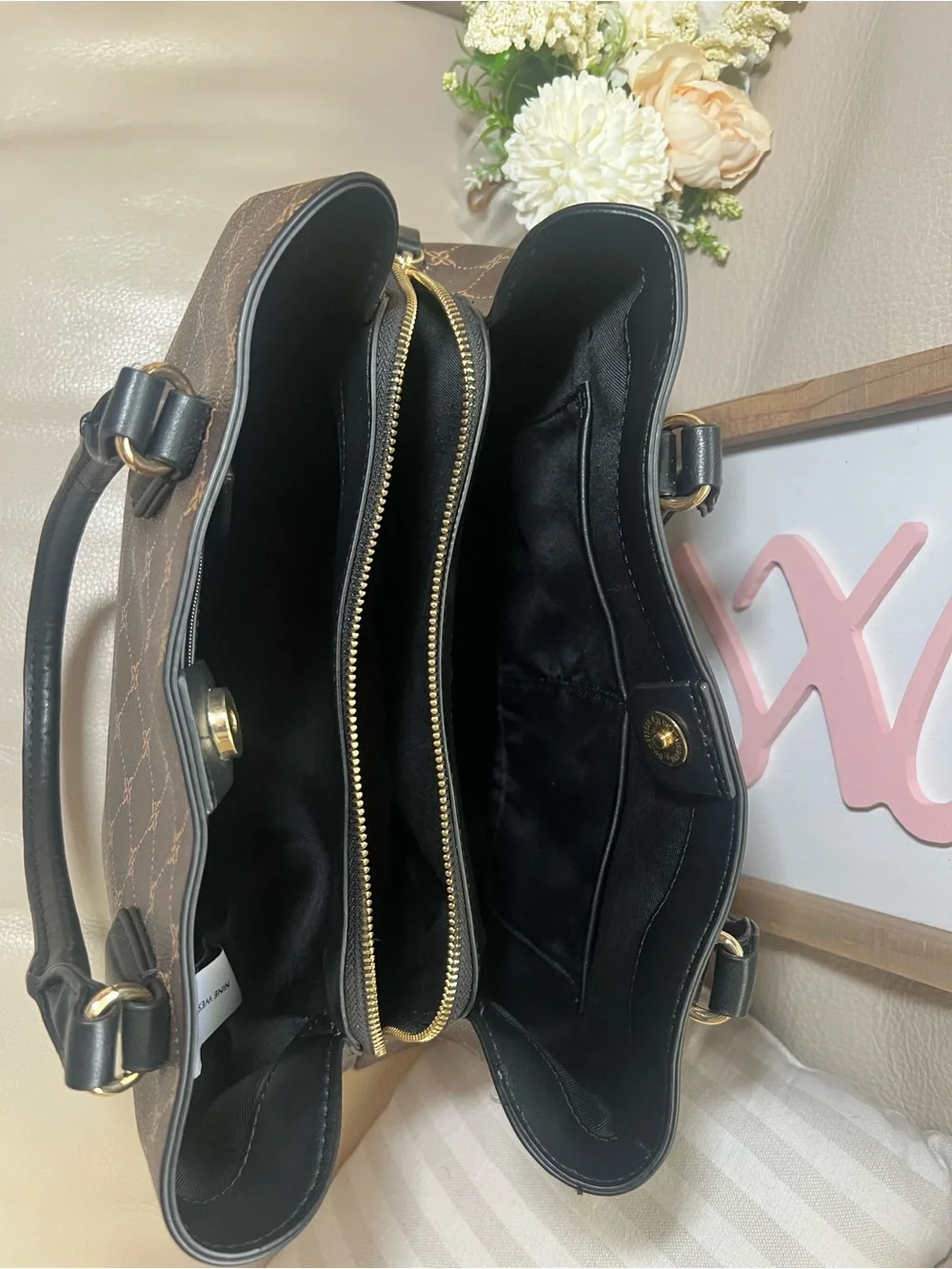 Nine West Brown Patterned Satchel with Black Trim and Gold Hardware